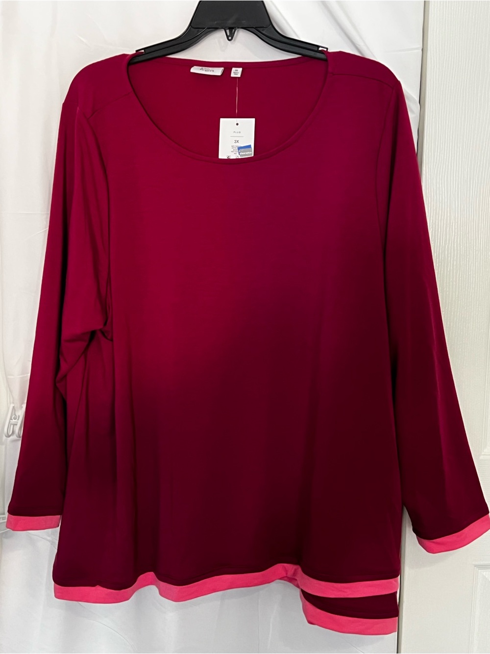 Kim Rogers Berry Long Sleeve Scoop Neck Top with Pink Trim